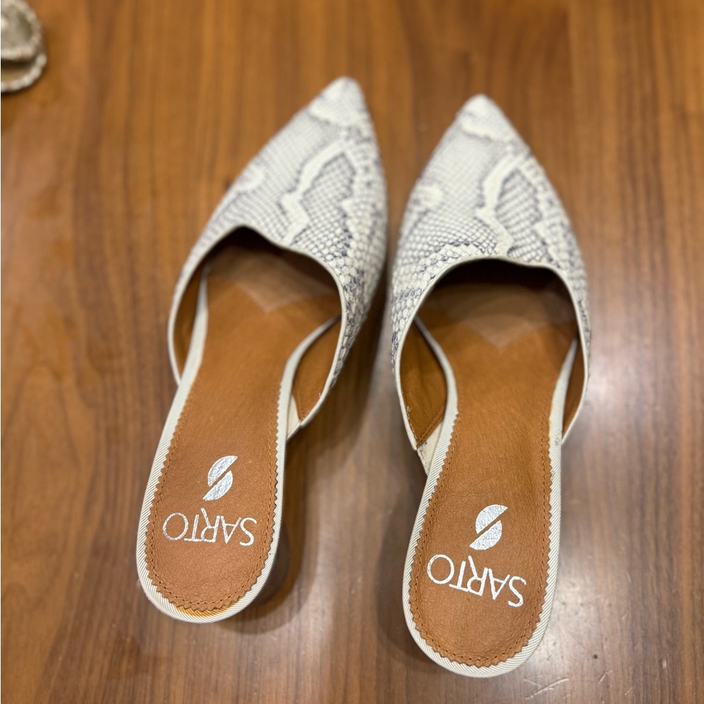 Franco Sarto Snakeskin Mules - Cream and Brown